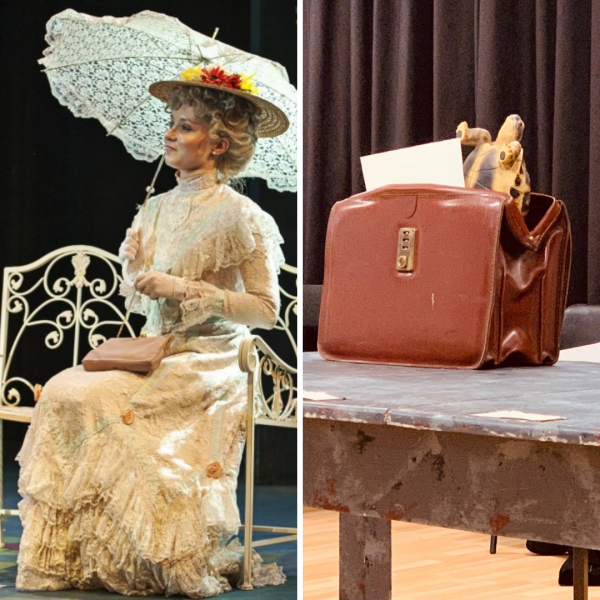 A lady in period clothing sitting on a garden bench holding a parasol / a briefcase on a table with a plastic tortoise sticking out