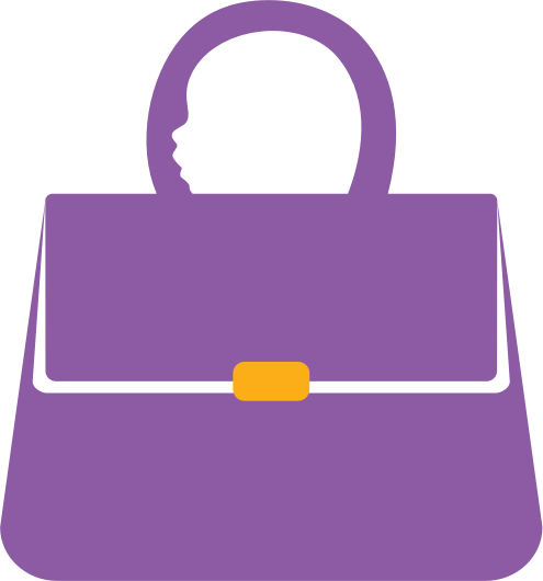 A handbag with the outline of a baby's head representing the handle